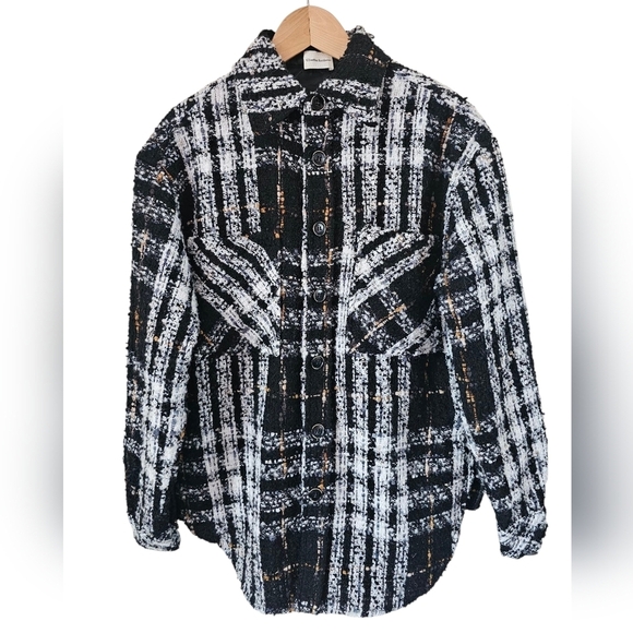 Charlie Luciano Tweed Over Shirt Black And White Plaid Button-Up With Front Sz M - Picture 3 of 10